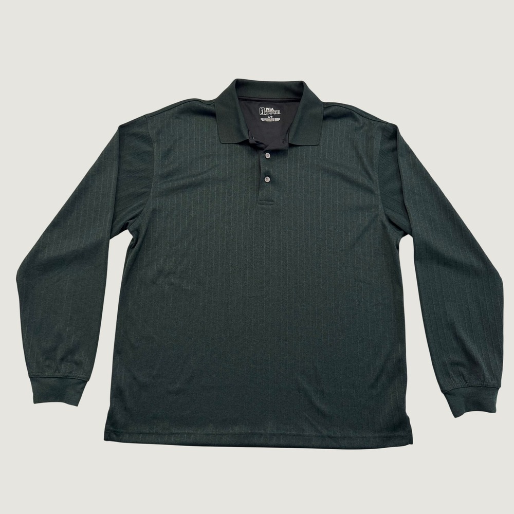 PGA Tour Mens Large Dark Green Long Sleeve Golf Polo Subtle Stripe Shirt